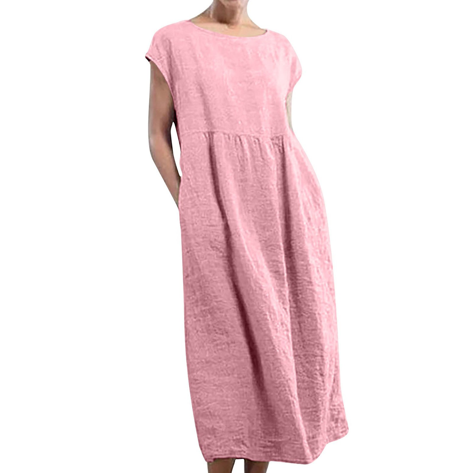thumbnail image 2 of Vestido largo tipo caftán sin mangas con cuello redondo y bolsillos para mujer - Corte holgado, tejido de lino, informal/de fiesta para el verano - Tallas S-XXXXXL, 2 of 2